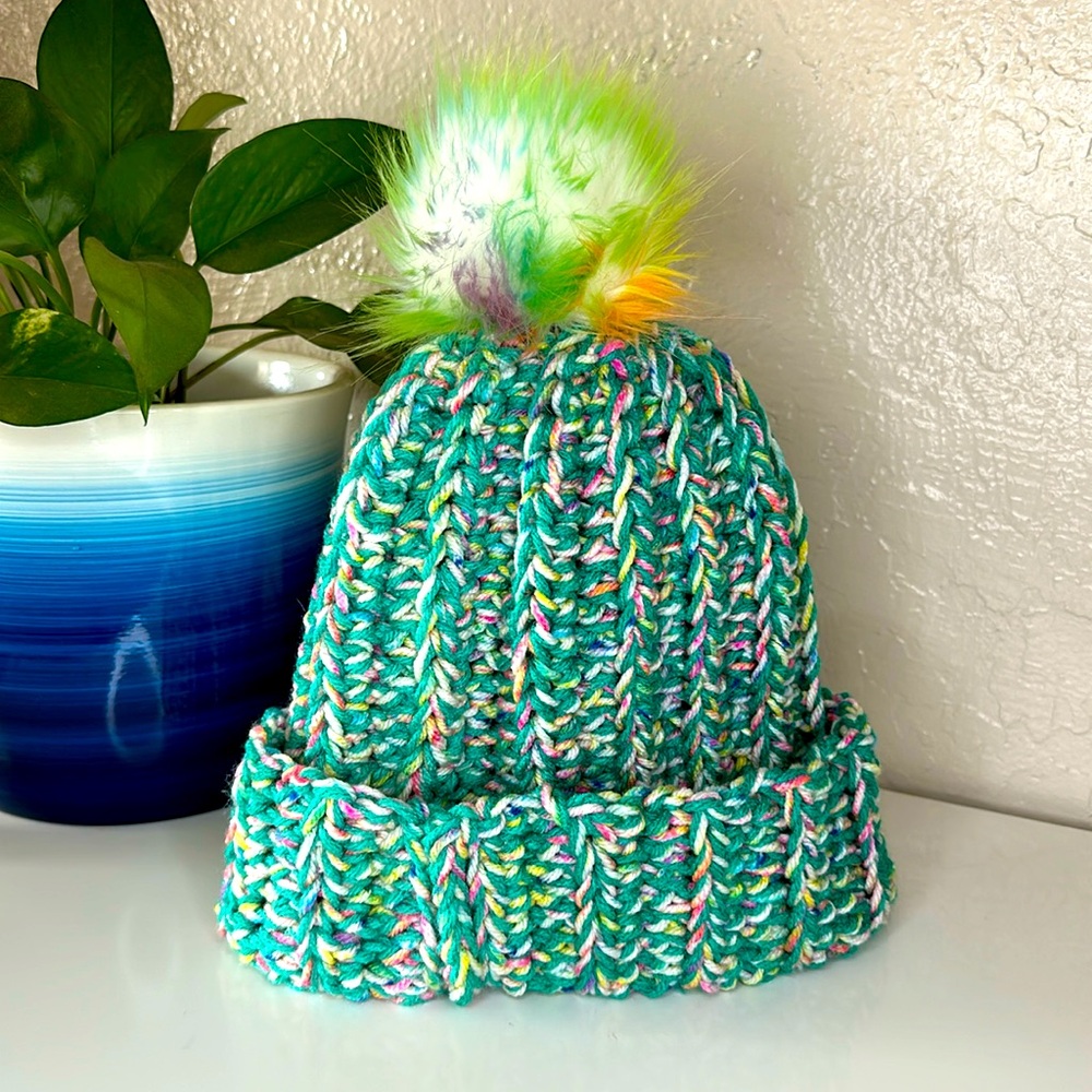 Chunky Ribbed Crocheted Beanie with Faux Fur Pom Pom child ombre teal rainbow